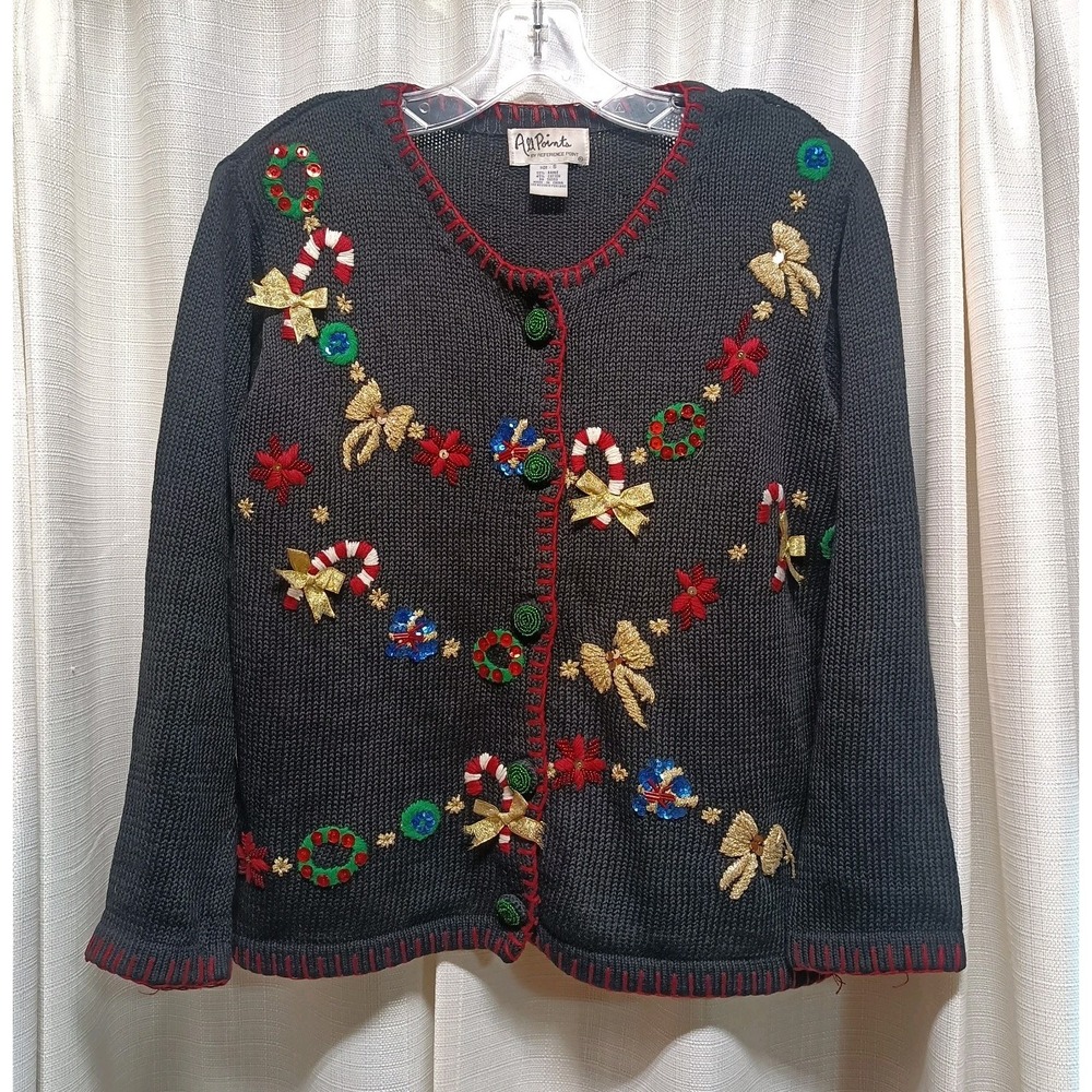 All Points Women's Size S Christmas Sweater Button Bows Candy Cane Vtg 90's